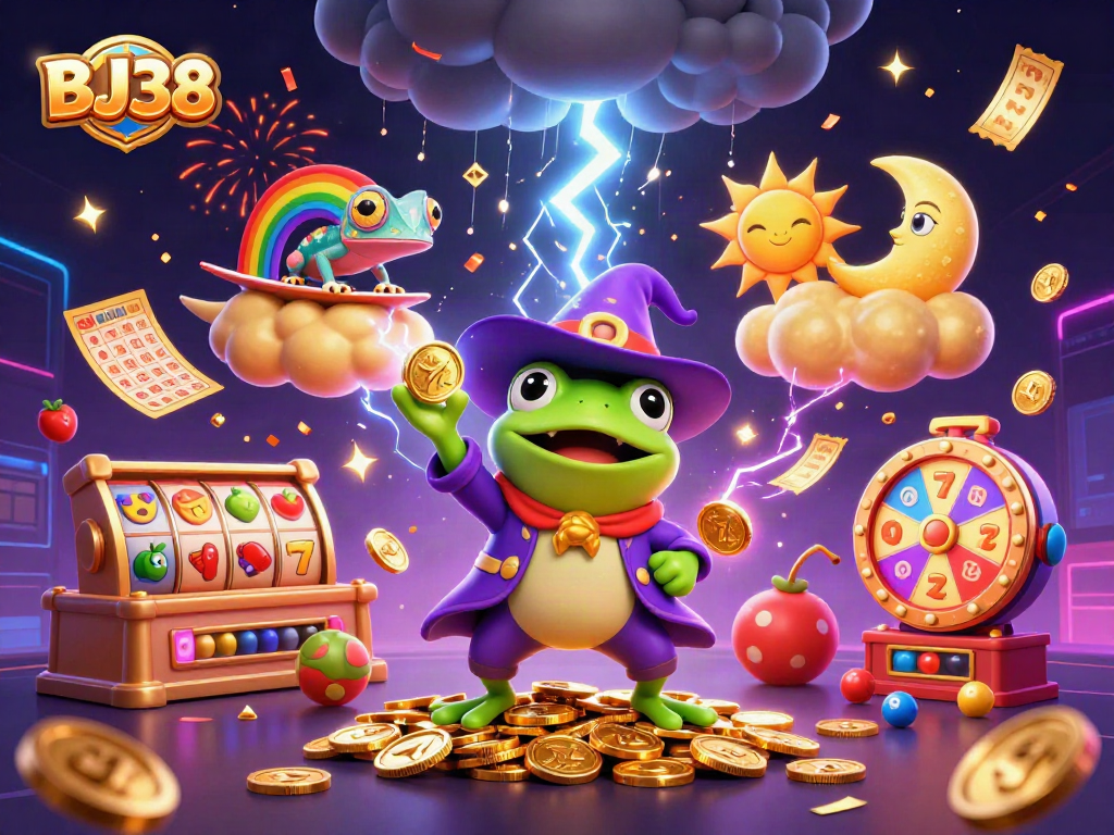 BJ38 brings excitement to players with a vibrant 3D illustration of dynamic slots and golden coins.