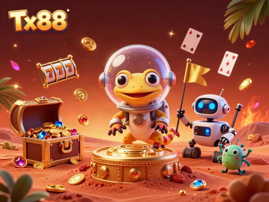 Experience thrilling gameplay at Tx88 with a Martian gecko discovering a hidden casino treasure.