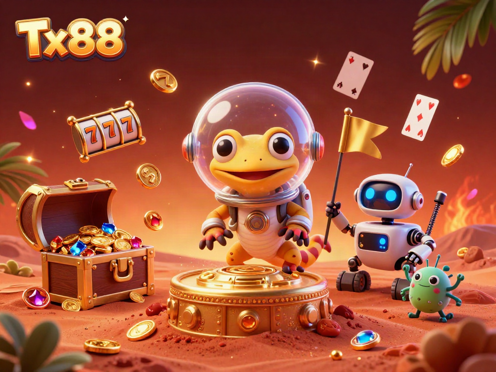 Experience thrilling gameplay at Tx88 with a Martian gecko discovering a hidden casino treasure.