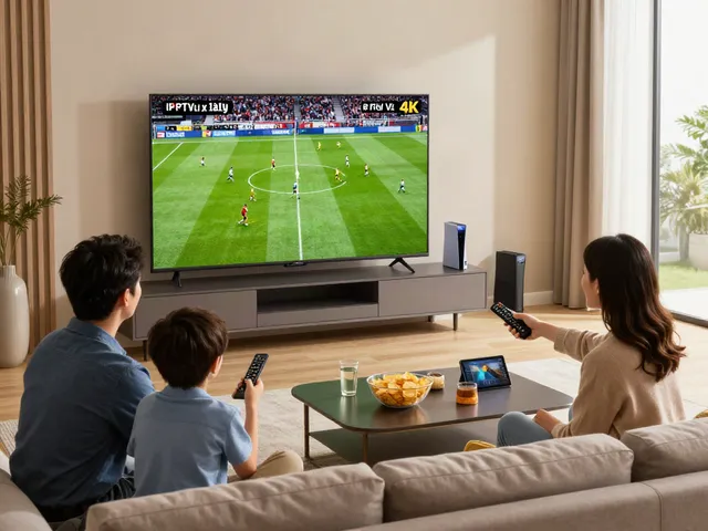 Family enjoying IPTV Italia streaming in a cozy living room with a football match on TV.