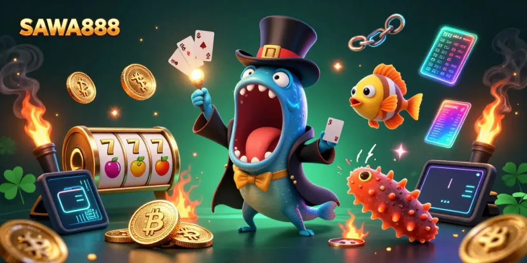 SAWA888 showcases a bioluminescent eel magician performing card tricks in a vibrant casino scene.