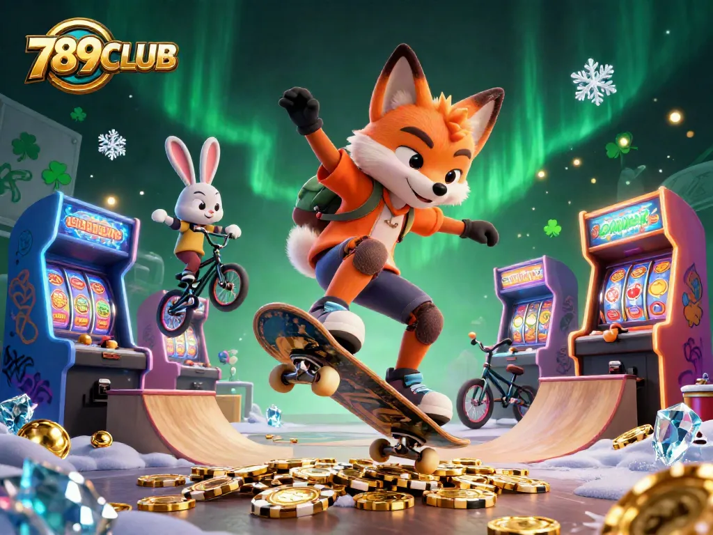 Engage in thrilling gameplay at 789CLUB with an energetic scene of a fox and rabbit in a vibrant casino.