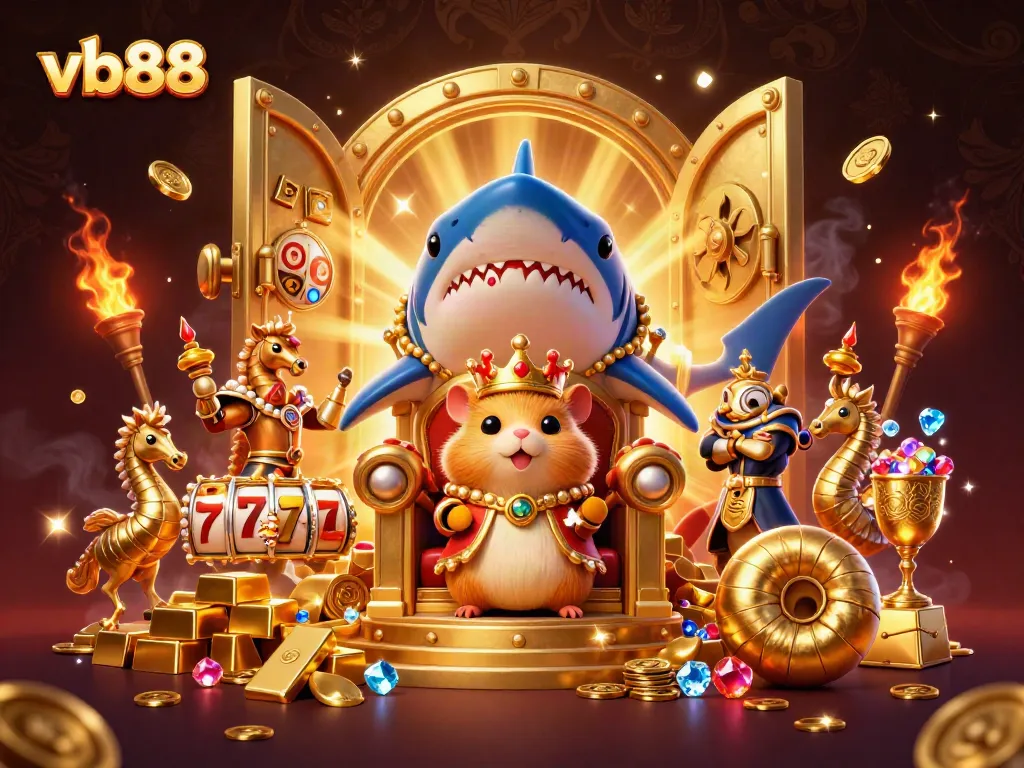 Experience winning thrills at vb88, showcasing a golden hamster king and treasure in a vibrant casino scene.