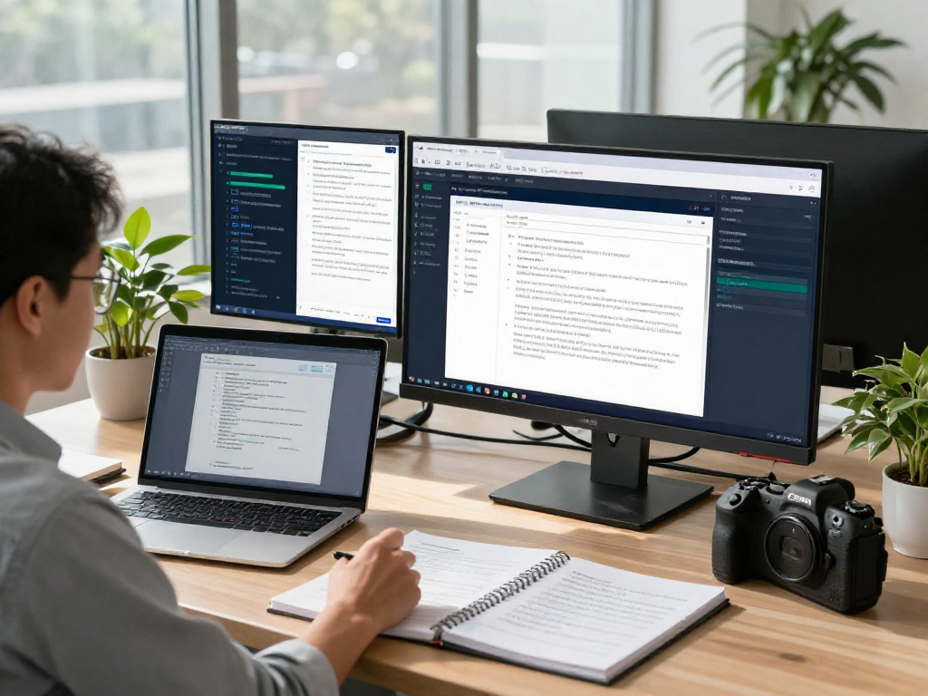 Document fraud detection workspace with analyst reviewing digital security software and compliance materials.