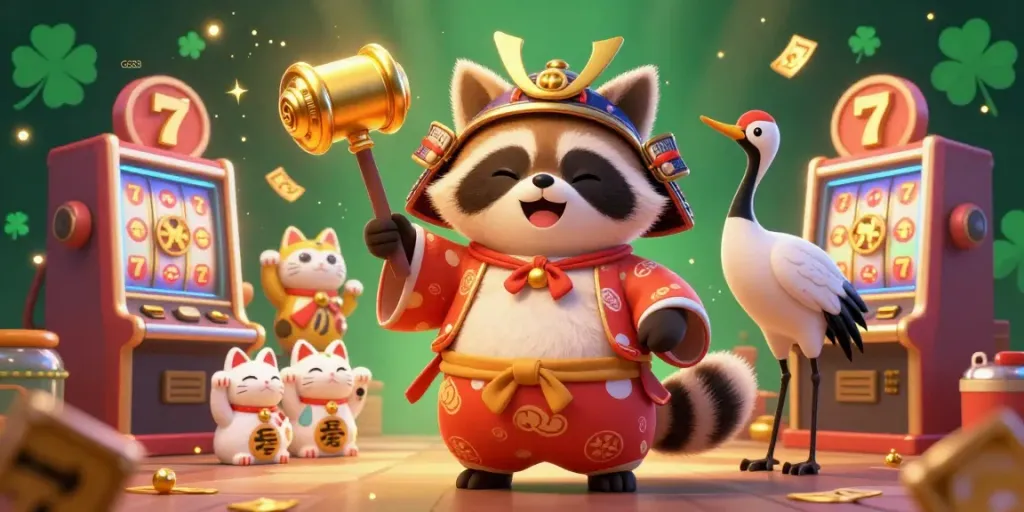Experience vibrant gaming with GG88, featuring cheerful tanuki and lucky symbols amidst dynamic slot machines.