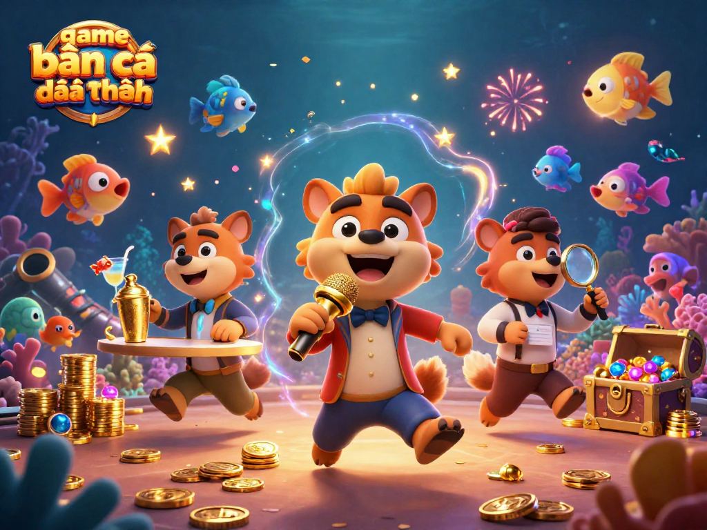 Engage in game bắn cá đổi thưởng at a lively underwater casino filled with sea-themed elements and vibrant characters.