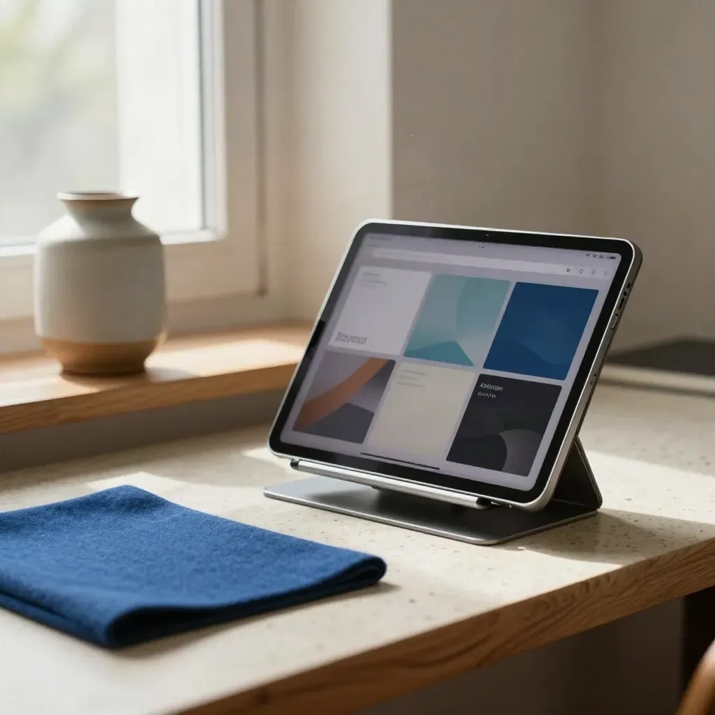 Tablet su supporto, dock per telefono, lampada in ceramica e tappetino piegato in uno studio caldo.