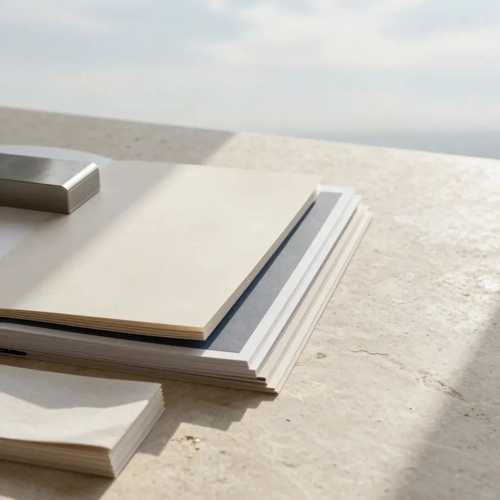 Set editoriale con tavole brand, swatch carta e mockup packaging su pietra chiara.
