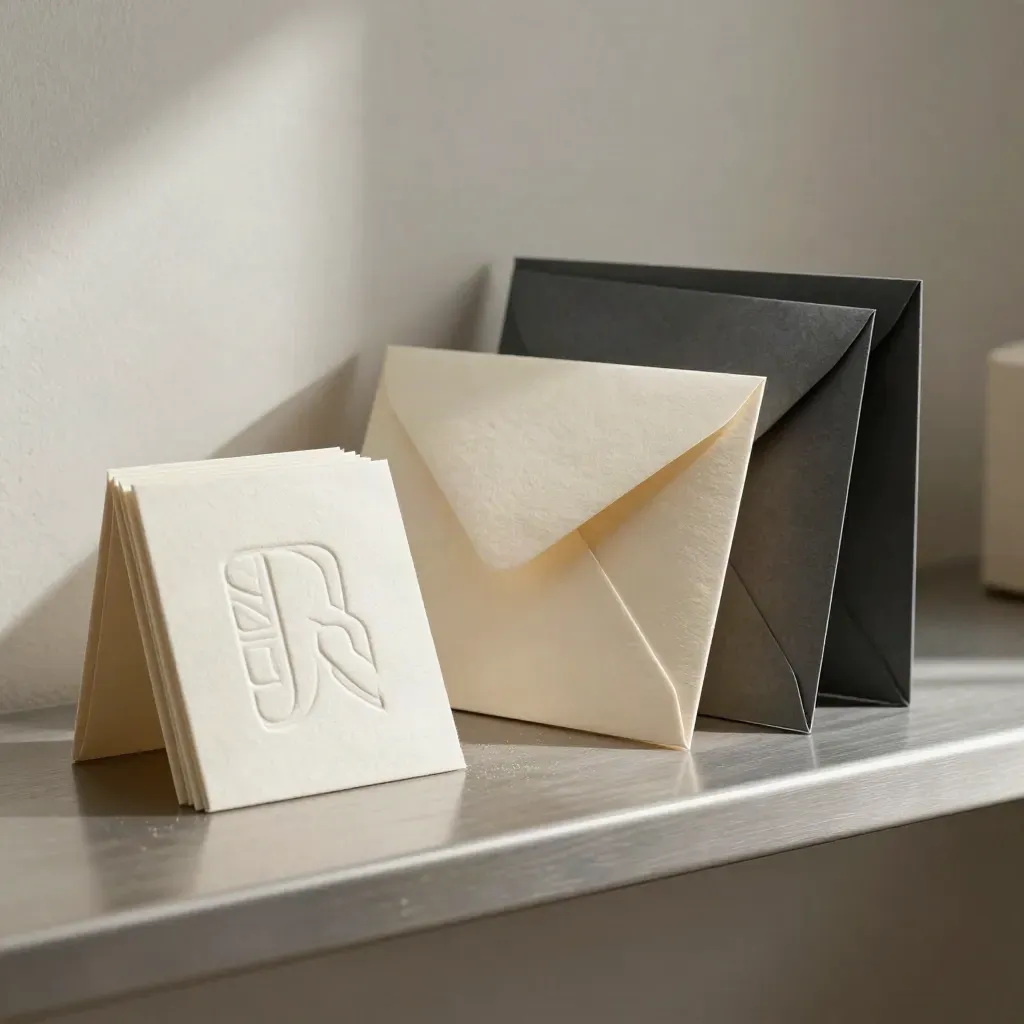 Card identity con logo in rilievo, busta piegata, scatola rigida e sleeve nero su ripiano