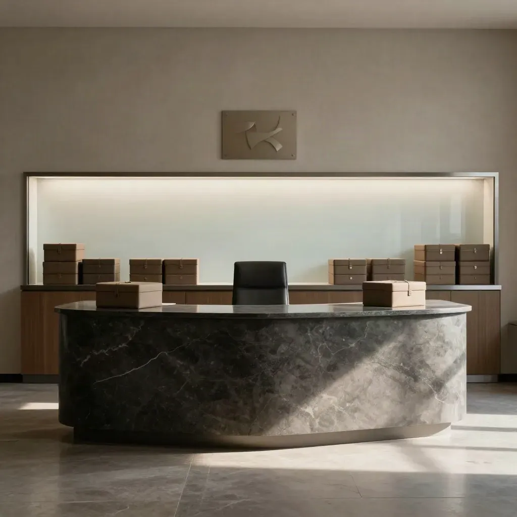 Reception elegante di studio legale con banco in pietra, vetri satinati e box in pelle