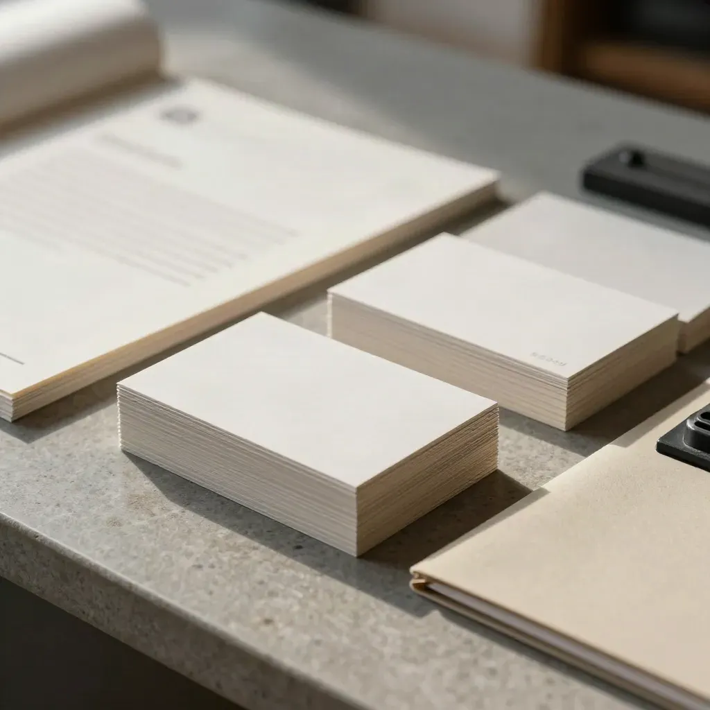 Suite di stampa premium su pietra con biglietti, brochure, carta intestata e cartellina goffrata.