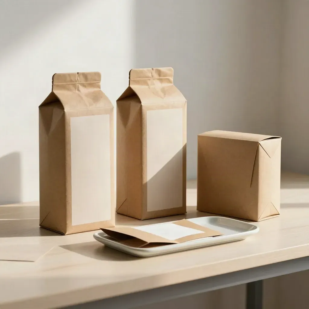 Scatole pieghevoli e mockup kraft su vassoio ceramico in luce calda da studio.