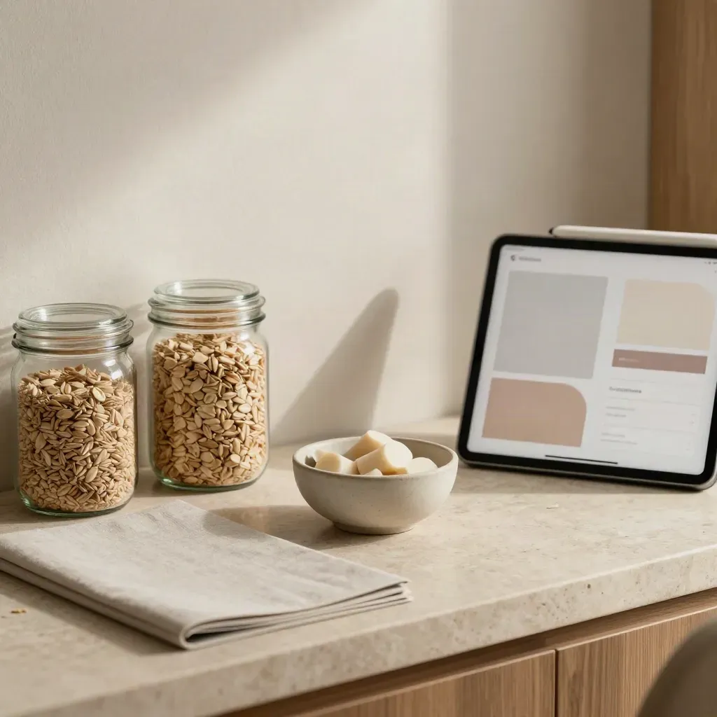 Angolo consulenza con barattoli neutri, folder in lino, ciotola di ingredienti e tablet su supporto.