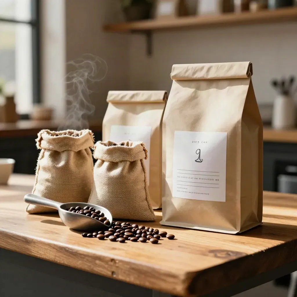 Scatole e sacchi per caffè su banco caldo con chicchi tostati e vapore.
