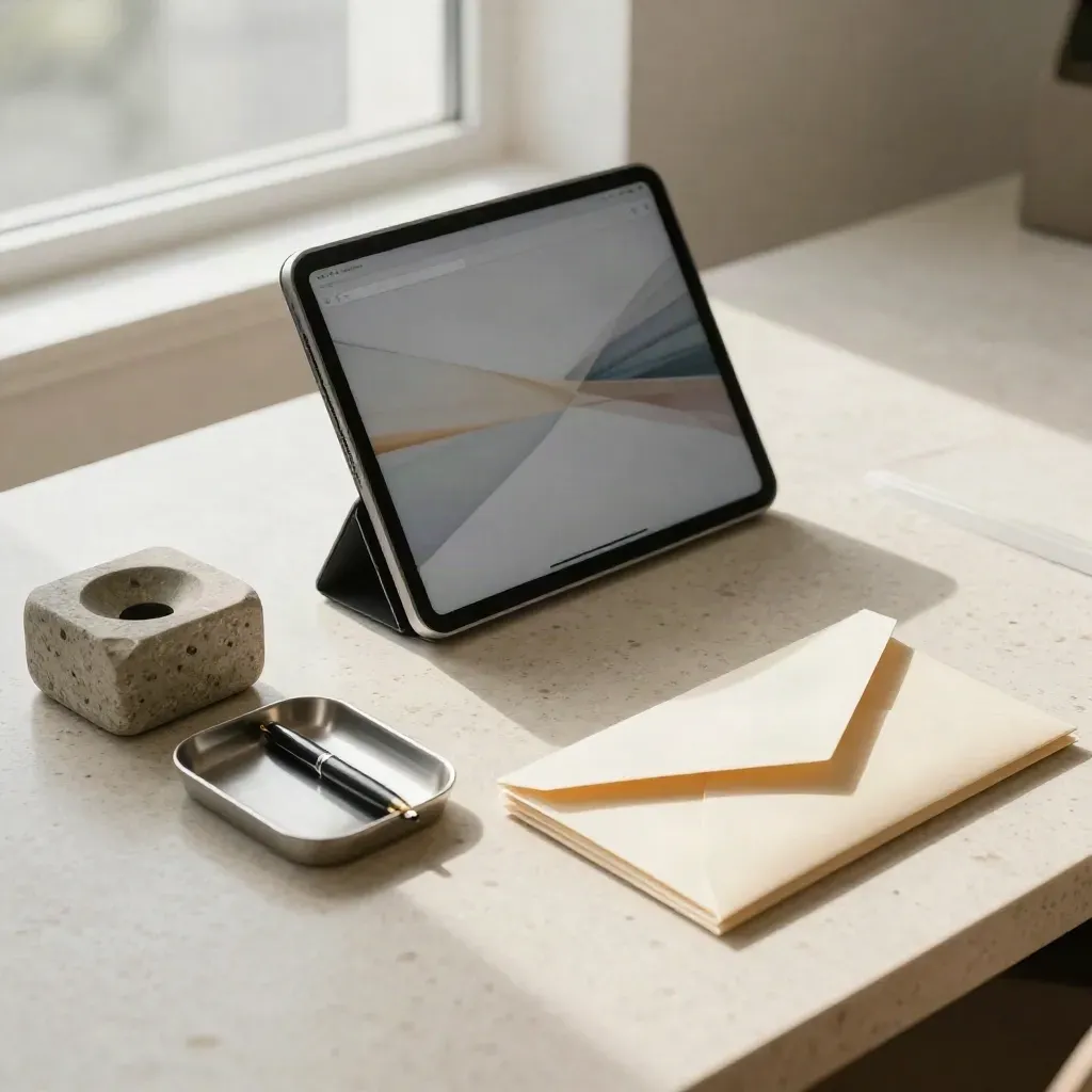 Tablet e oggetti di studio in luce morbida, con layout web astratto ed eleganza minimal.