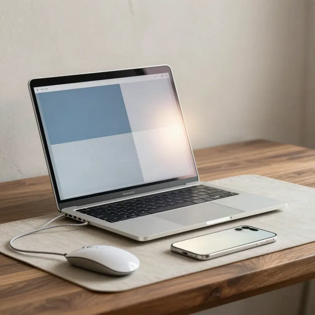 Laptop aperto, mouse, mockup telefono e cavo su banco in legno, luce drammatica.