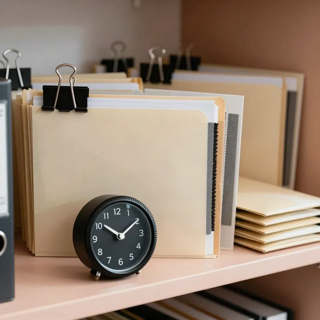 Cartelle archivio, timer, campioni tessili e buste sigillate su mensola color terracotta.