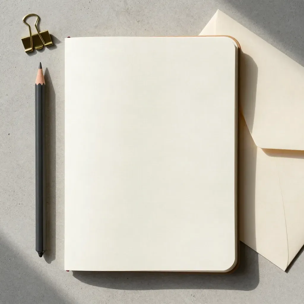 Flatlay di un notebook aperto, matita, clip in ottone e busta piegata su cemento chiaro