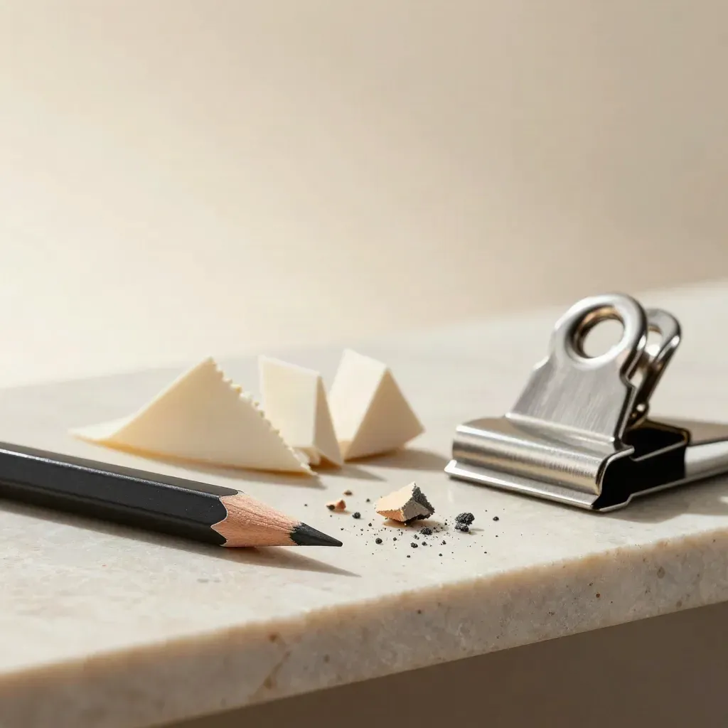 Pencil appuntita con trucioli di gomma, ritagli di campione e graffetta su mensola in pietra.