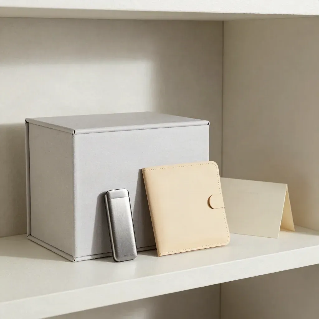 Scatola archivio, USB metallica e custodia documenti su mensola chiara, stile minimale elegante.