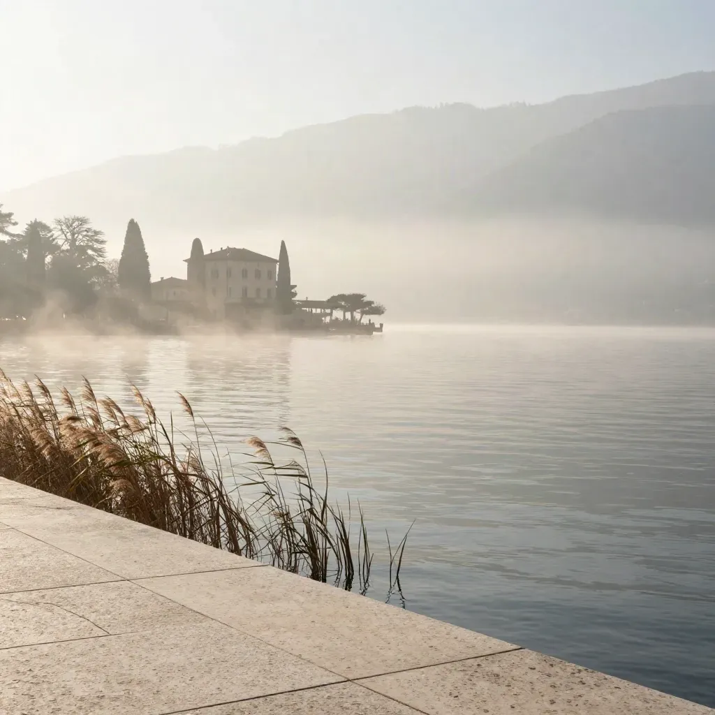 Costa del Lago di Como all’alba, villa lontana, cipressi e acqua immobile nella foschia.