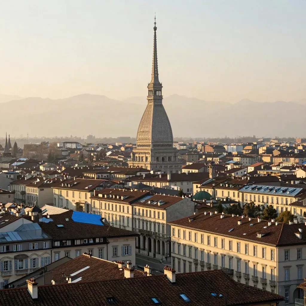 Mole Antonelliana al tramonto sopra i tetti di Torino, con luce dorata e foschia leggera.