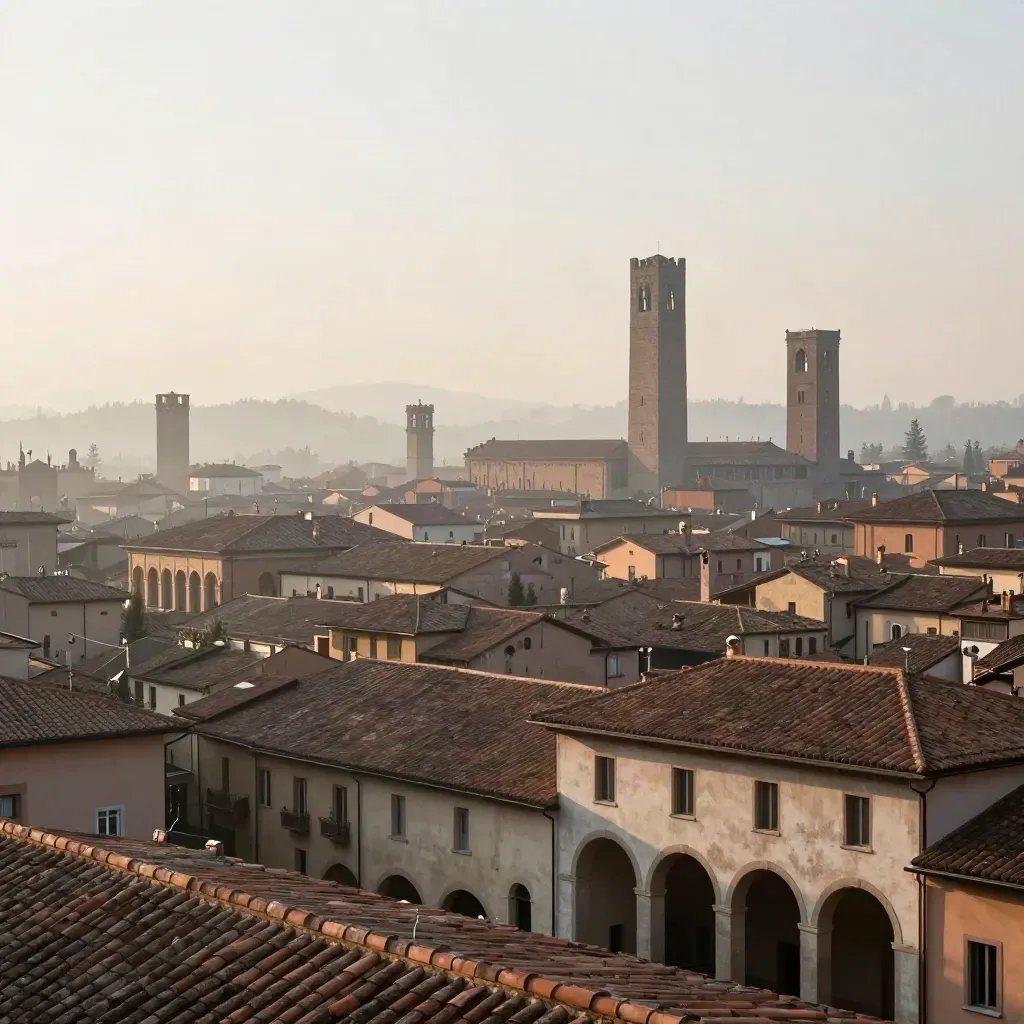 Tetti in cotto di Bologna e Due Torri avvolti dalla nebbia del mattino.