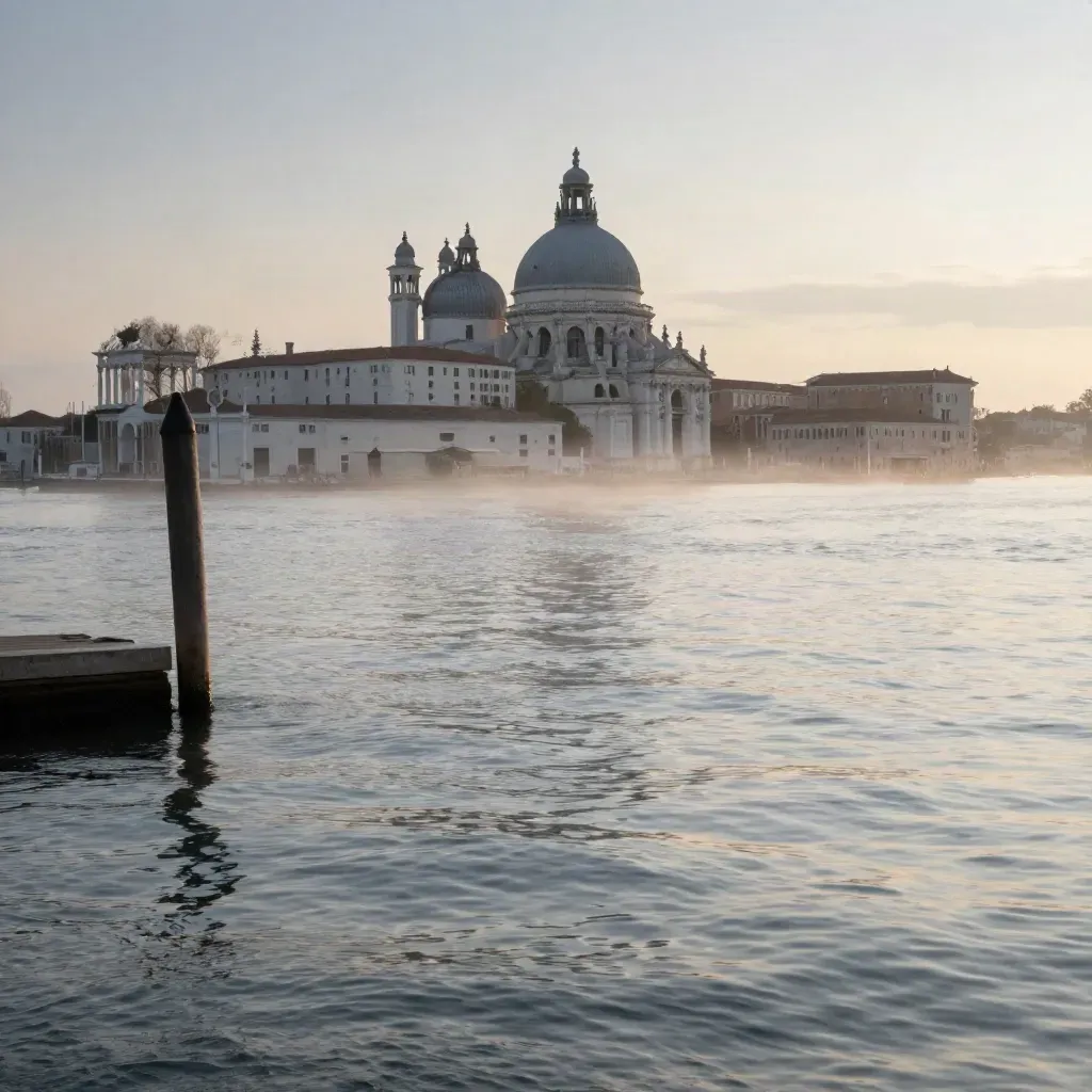 Laguna di Venezia all’alba blu, San Giorgio Maggiore e cupole lontane sopra acqua calma.