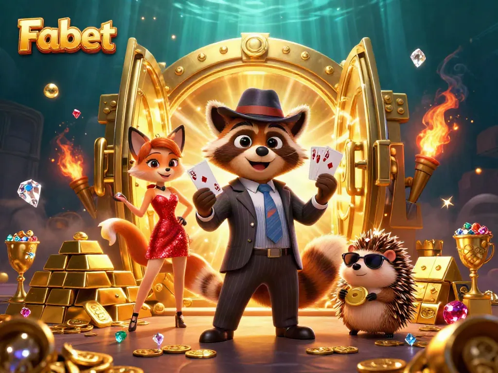 Engage in thrilling gameplay with Fabet in a vibrant 3D illustration featuring cartoon characters in a casino scene.