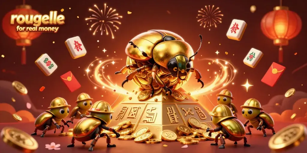Experience exciting roulette for real money with a vibrant 3D casino illustration of golden beetles.