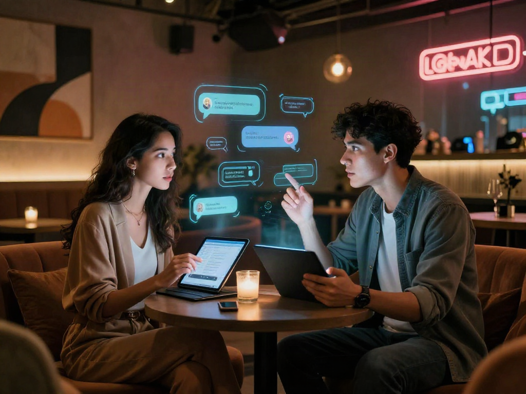 Engaging in ai nsfw chat in a stylish urban lounge, capturing intimate tech interactions.