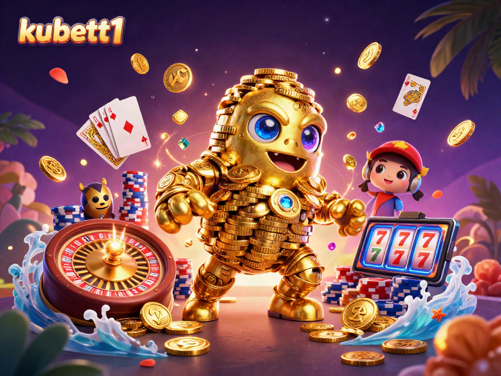Experience thrilling gameplay with kubett1's dynamic golden golem beside casino treasures.