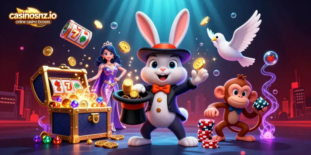 Engage with casinosnz.io online casino bonuses through a 3D illustration of a magician rabbit and playful characters in a vibrant casino setting.
