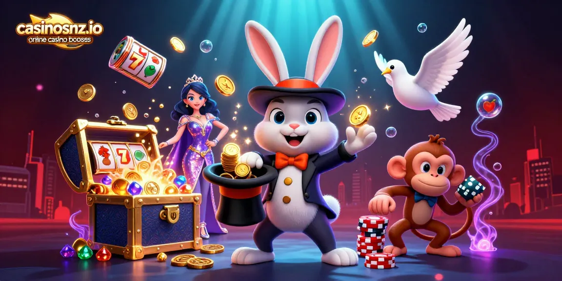 Engage with casinosnz.io online casino bonuses through a 3D illustration of a magician rabbit and playful characters in a vibrant casino setting.