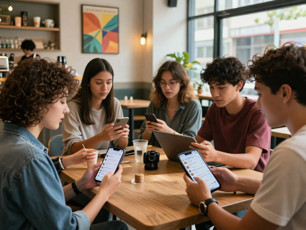 Young adults sharing spicychat experiences in a bright café, showcasing digital communication.