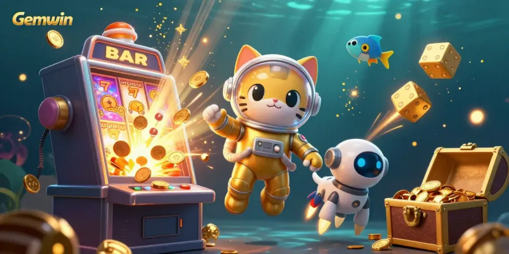 Spin to win with Gemwin at this vibrant slot machine jackpot scene featuring a cartoon astronaut and robot dog.