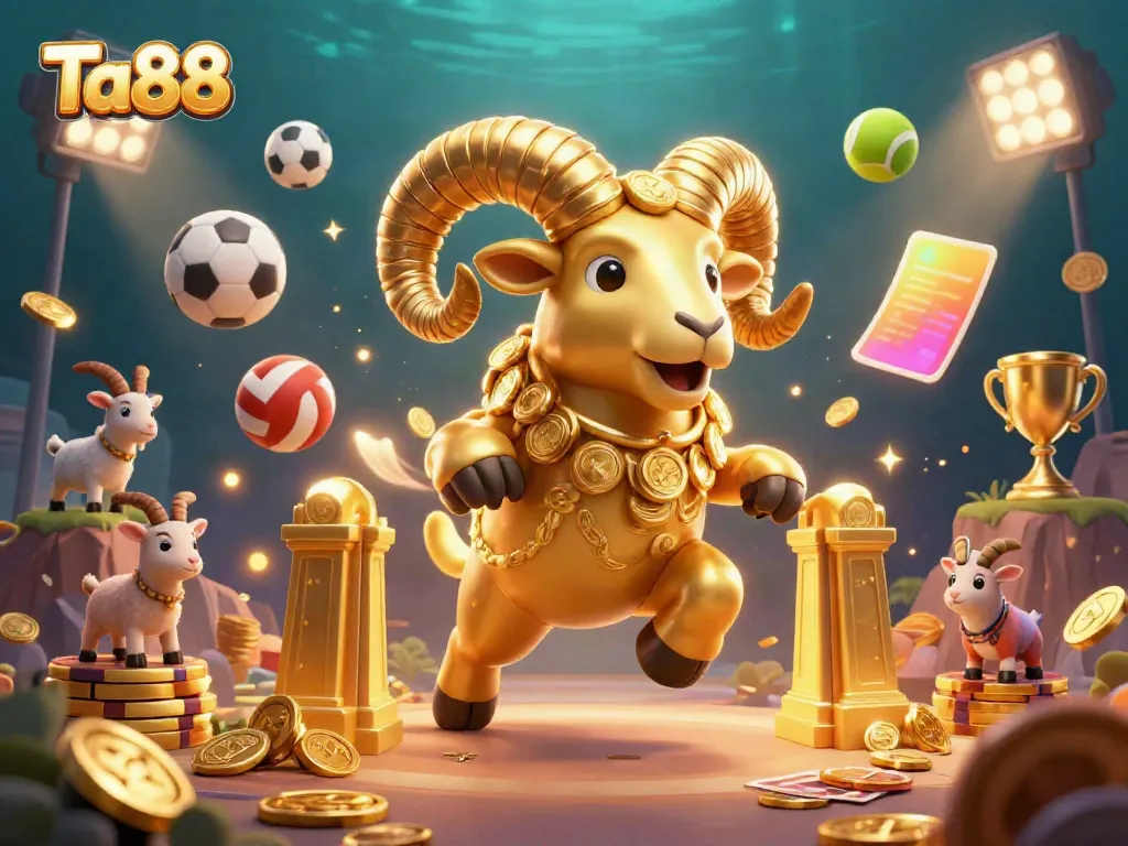 Experience the thrilling action of Ta88 with a golden ram charging through a vibrant casino scene.