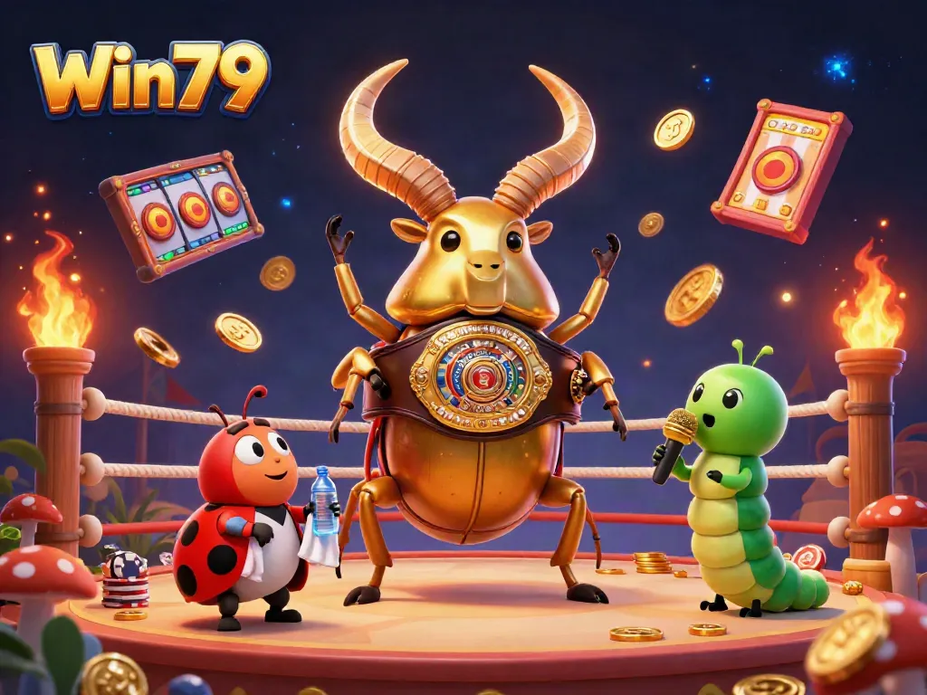 Engage with Win79's thrilling giant beetle battle against vibrant gambling elements in a colorful arena.
