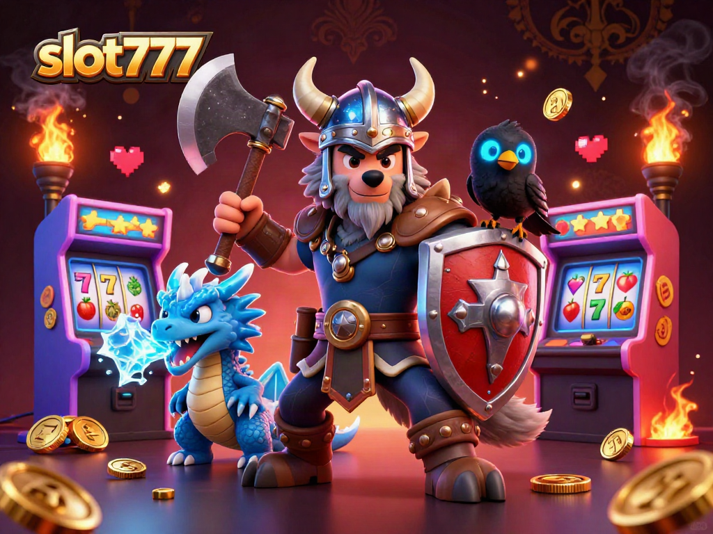 Experience the thrill of slot777 with vibrant slots, coins, and cartoon characters in a colorful 3D scene.
